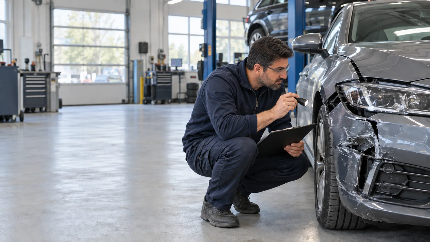 Kfz-Sachverständiger prüft einen Frontschaden an einem Pkw in der Werkstatt